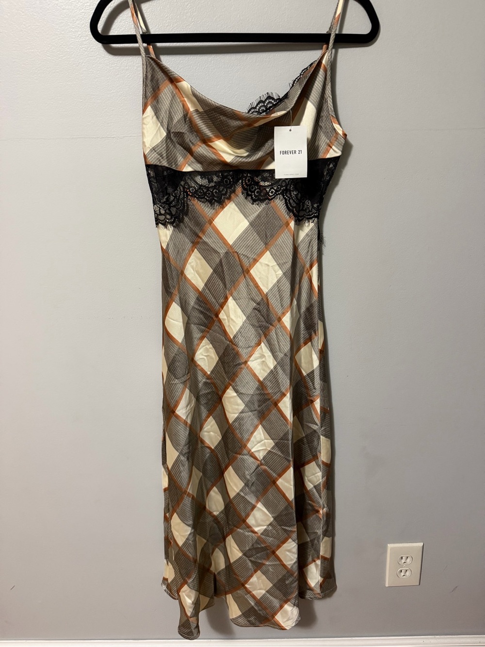 NWT Forever 21 Plaid Satin Midi Slip Dress Black Lace Cowl Neck Size Small